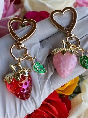 Strawberry Heart Keychain Charms Set 2 Pink Red Acrylic Gold Bag Charm NWT